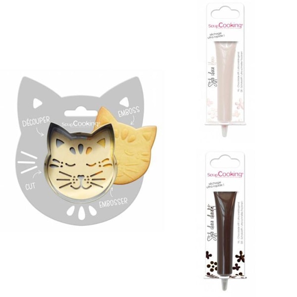 Kattpräglat kakkit + 2 vita och bruna chokladpennor Grå