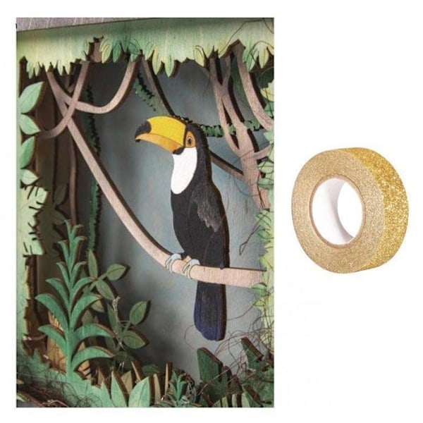 Puinen kehys 3D-toukan kuviolla 24 x 24 cm + 5 m kultahiutaleilla varustettu masking tape Beige