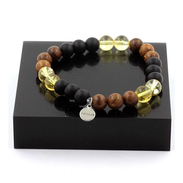 Stenar och mineraler. Citrin Beads Armband + Mattsvart Onyx + Trä 8 mm. Tillverkad i Frankrike. Gul svart