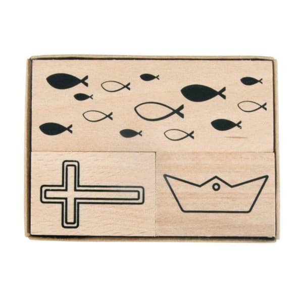 Kit stempler træ Dåb, Kommunion, 3,9x2,6cm - 8,3x2,6cm, kasse 3 stk.