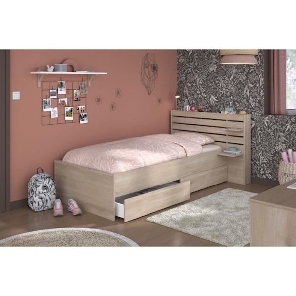 ESCALE barnsäng 90x190/200 cm - Ekdekor - Sänggavel + 2 lådor - L121,5 x H88,6 x D216,8 cm Japansk ek