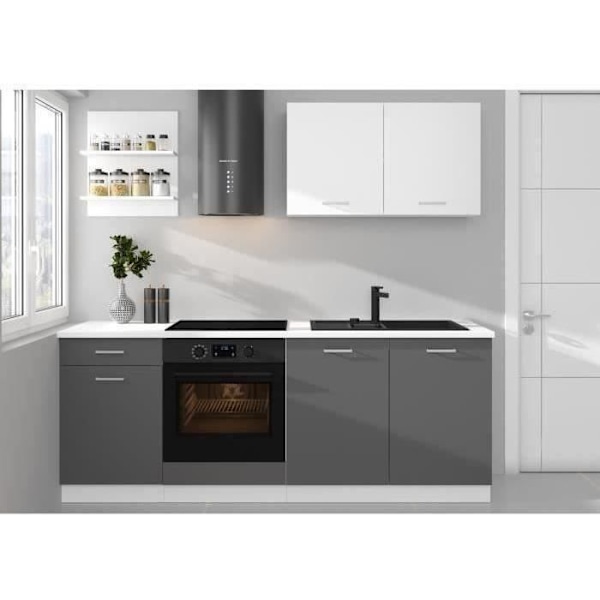 PREGO komplet køkken - L 210 cm - Grafitgrå indretning - 210 cm bordplade medfølger Grå