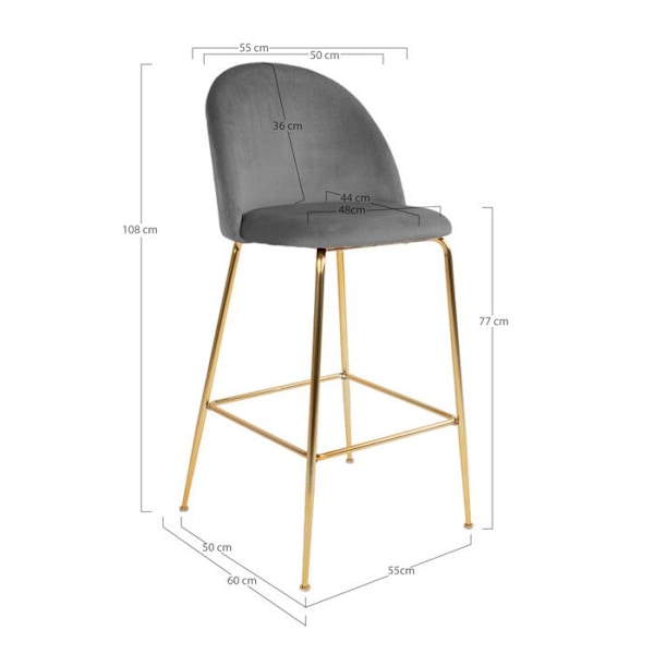 Laust Barstol i grå velour, grå, messing. grå