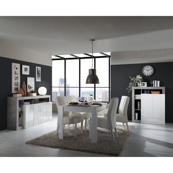 MAESTRO skænk - Beton og blank lakeret hvid indretning - 4 låger - L 184 x D 42 x H 93 cm Betongeffekt & Blank Vitlackerad