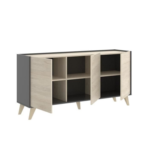 Skänk - Spånskiva - Lätt trä och grafit - 3 dörrar - Ness - B 155 x D 43 x H 75 cm Lätt trä och grafit