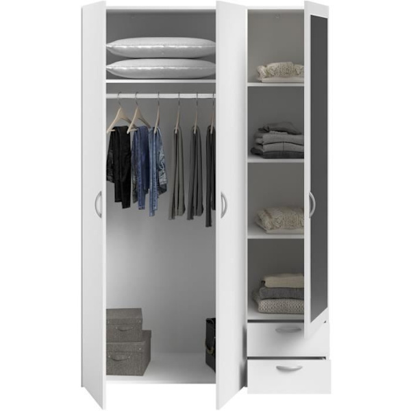 Komplet ZODIAC voksen soveværelse: 140x190 seng med skuffe + Garderobe med 3 låger og 2 skuffer + 2 sengeborde - Hvid Decor - PARISOT Vit