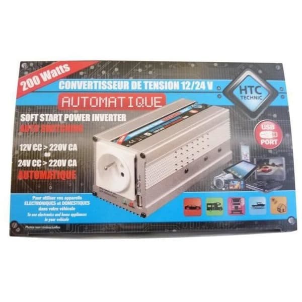 Automatisk 12V / 24V konverter til 220V - HTC TECHNIC - 200W med USB-A stik 0.5A Grå