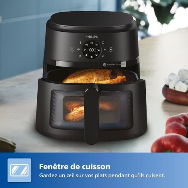 Fritøs uden olie - PHILIPS - NA230/00 - Airfryer Serie 2000 6,2L - 13 tilberedningsmetoder - vindue til tilberedning - 1500W - Sort Svart
