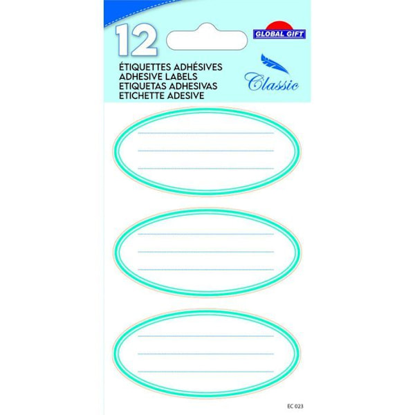 12 självhäftande skoletiketter - Oval - Blå Vit