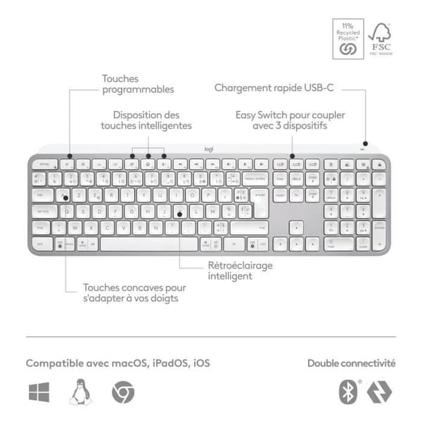 Tastatur - Trådløs - Logitech - MX Keys S - AZERTY - Lys grå