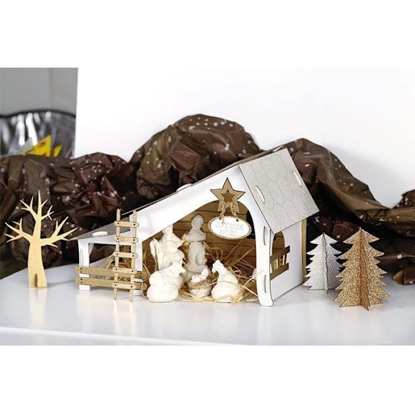 Forudskåret julekrybbe i karton til at bygge dig selv 29 x 19 x 14 cm Vit