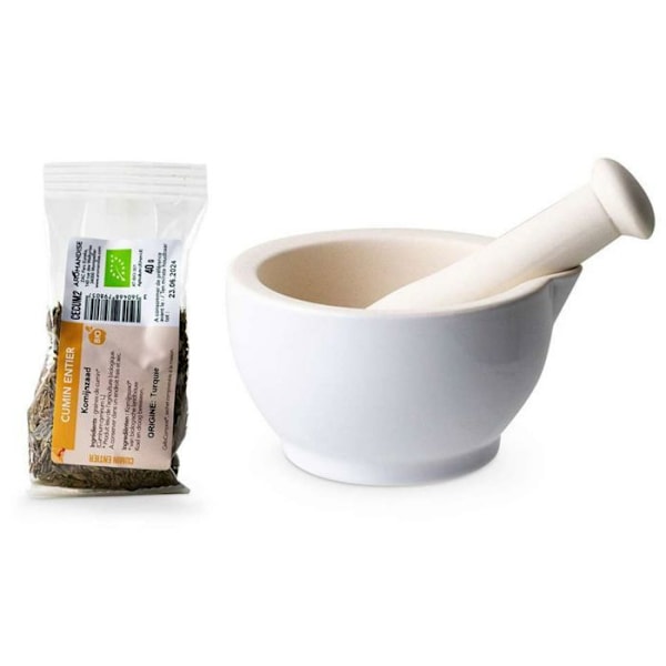 Valkoinen kivitavarahuhmare ja survin + Luomukokonainen kumina - 40 g Vit