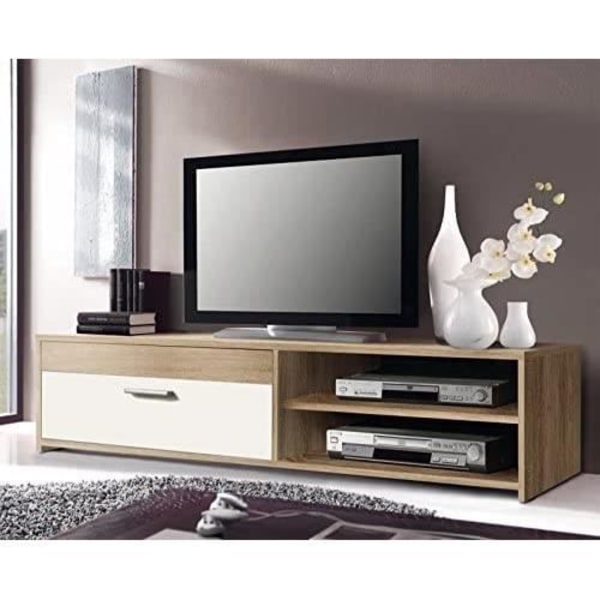 PILVI tv-møbel - Moderne stil - Melaminpartikler - Eg og hvid indretning - 1 klap + 2 nicher - L 120 x D 42 x H 32 cm Sonoma ek / Vit