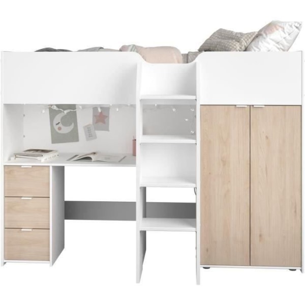 Børne kombineret mezzaninseng - TOM - Hvid og eg - Garderobe, skrivebord og boxspring inkluderet Vitt och ek