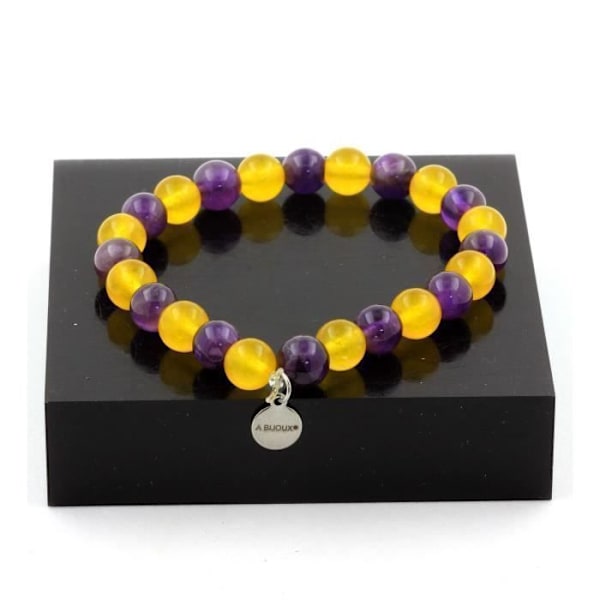 Stenar och mineraler. Ametist Beads Armband + Yellow Agate 8 mm. Tillverkad i Frankrike.