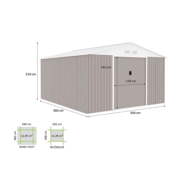 Metal havehus 12,99 m² - 340 x 382 x 210 cm - NEPTUNE - Inkluderet fundament kit, 2 skydedøre - Taupe Mol