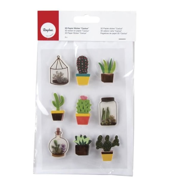 3D pappersklistermärke "Cactus", med effekter, tab-bag 9st