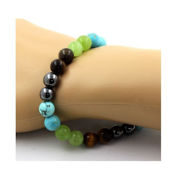 Sten og mineraler. Peridot + Tiger Eye + Turkis + Hematite Beads Armbånd 8 mm. Fremstillet i Frankrig. Grön, brun, blå, grå