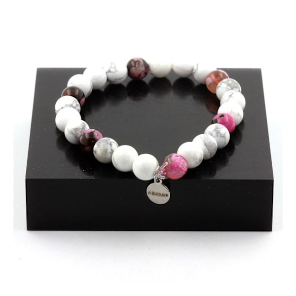 Kivet ja mineraalit. Howlite Beads Rannekoru + Ruskea Vaaleanpunainen Akaatti 8 mm. Tehty Ranskassa. kastanj