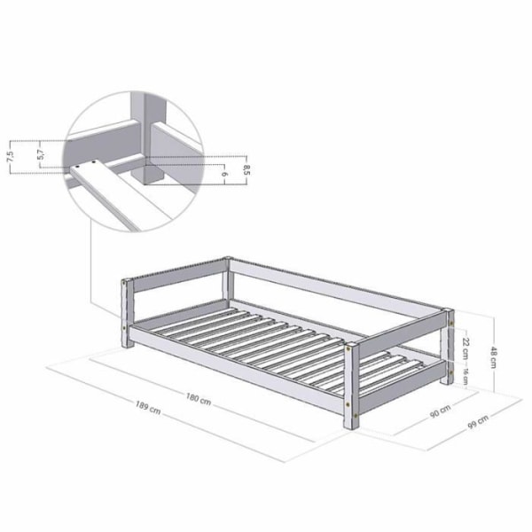 Montessori barnsäng massivt trä vit 90 x 180 cm - Benlemi - STUDIE - Lamell - Säkerhetsstandarder Vit