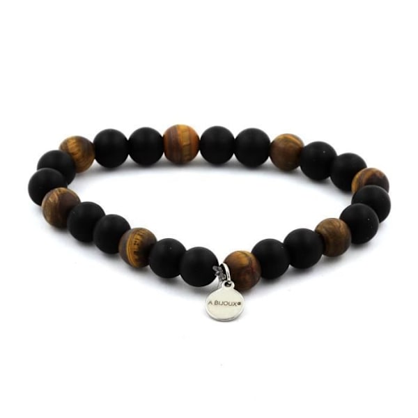 Stenar och mineraler. Armband Matte Tiger Eye Beads + Matte Black Onyx 8 mm. Tillverkad i Frankrike.