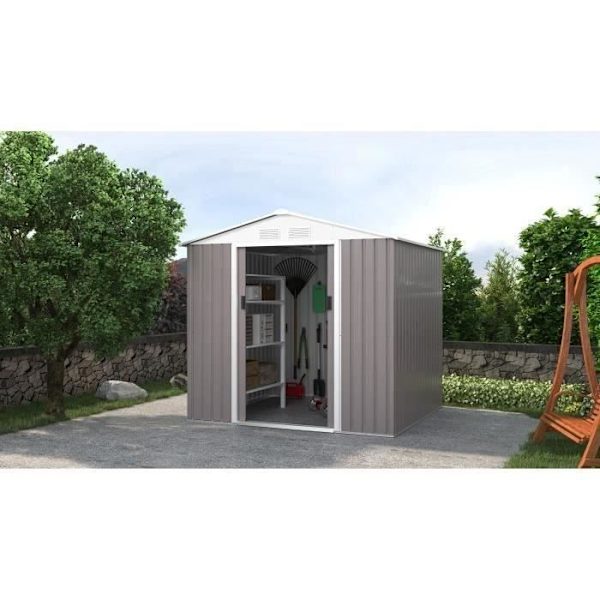 Metallisk trädgårdsskjul 4,07 m² - 213 x 191 x 195 cm - MARS - Ankarpaket ingår, 2 skjutdörrar - Taupe Mol