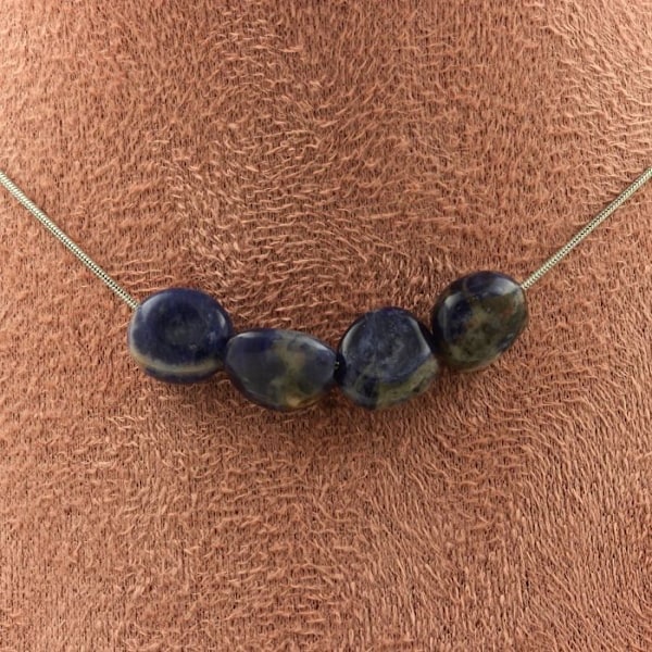 Collier - ABIJOUX - Sodalit fra Brasilien - 4 perler - Rustfrit stål - Justerbar længde Blå