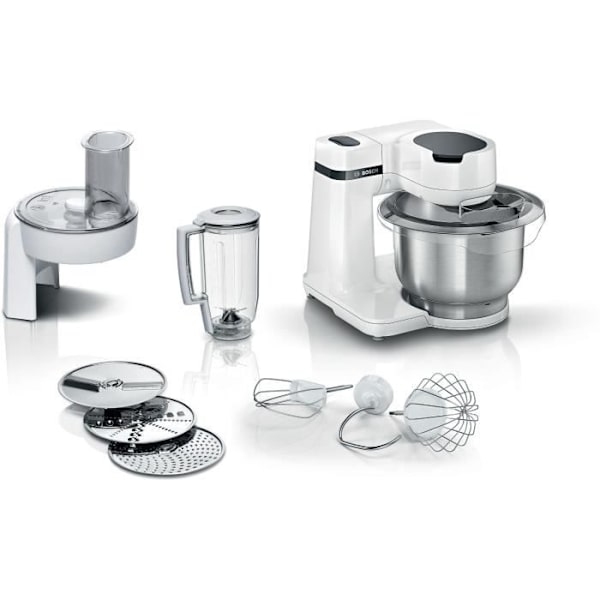 Kompakt multifunktionsrobot - BOSCH MUMS2EW20 - Stålskål - 3 skiver - blender 1,25L - Bagetilbehør inkluderet - hvid Vit