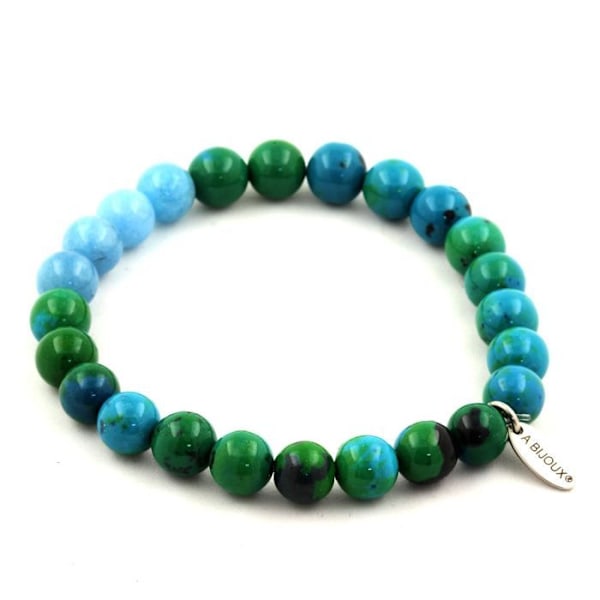 Kivet ja Mineraalit. Chrysocolla + Blue Chalcedony Beads Rannekoru 8 mm. Tehty Ranskassa. Chrysokol, Blå kalcedon