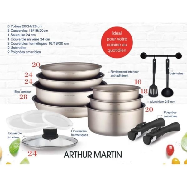 Arthur Martin AM133CH 15-delat köksredskapsset - Aluminium - Avtagbart handtag - Alla värmekällor inklusive induktion