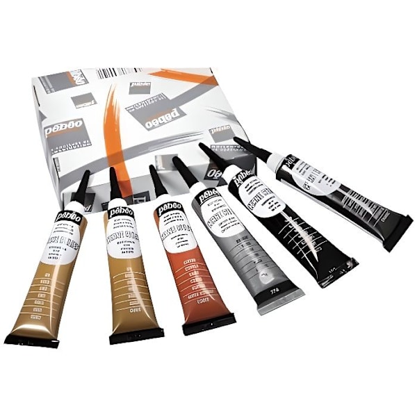 Relief-blekk med spids - PEBEO - 054190 - 6 rør á 20 ml - Assorterede farver - Vaskbar Eller, Svart, Silver, Koppar, Imite