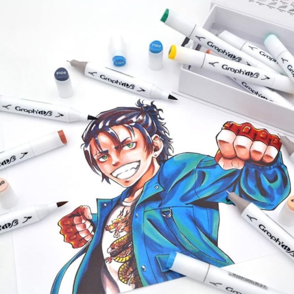 Manga Shonen set med 12 GRAPH'IT Brush & Extra fina alkoholmarkörer Flerfärgad