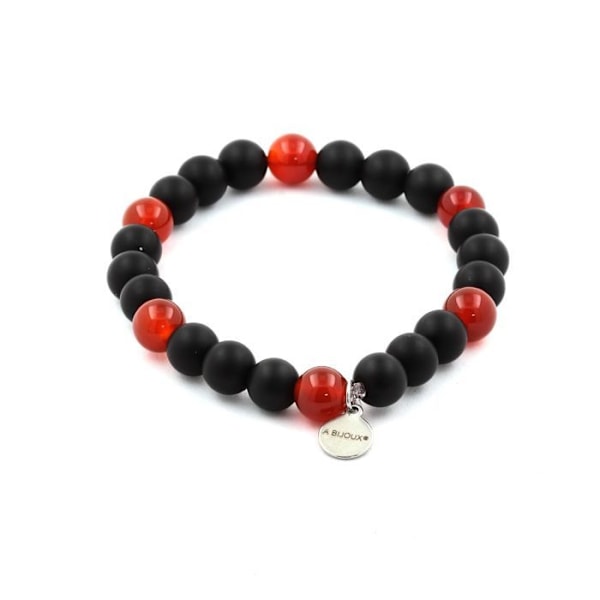 Kivet ja Mineraalit. Mattamusta Onyx + Carnelian Beads Rannekoru Uruguaysta 8 mm. Tehty Ranskassa. Svart röd