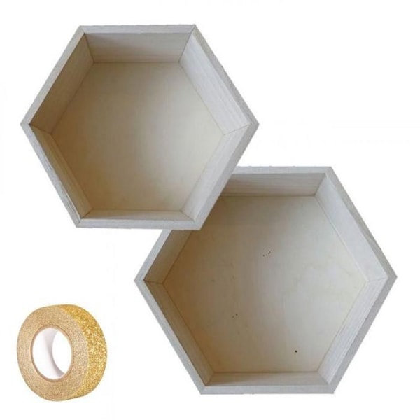 2 hexagonaalista puuhyllyä 24 x 21 cm ja 27 x 23,5 cm + 5 m kultaglitteristä masking teippiä Beige