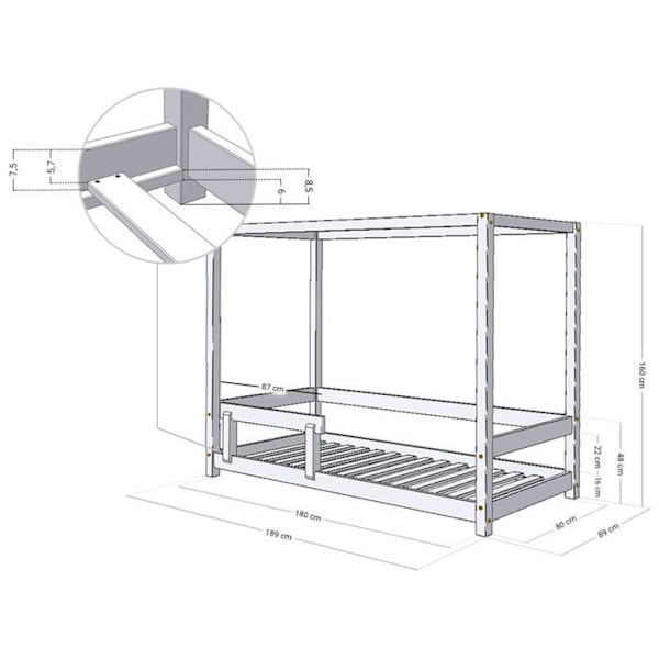 Lit hytte barn BUNKY 80 x 180 lys grå Grå