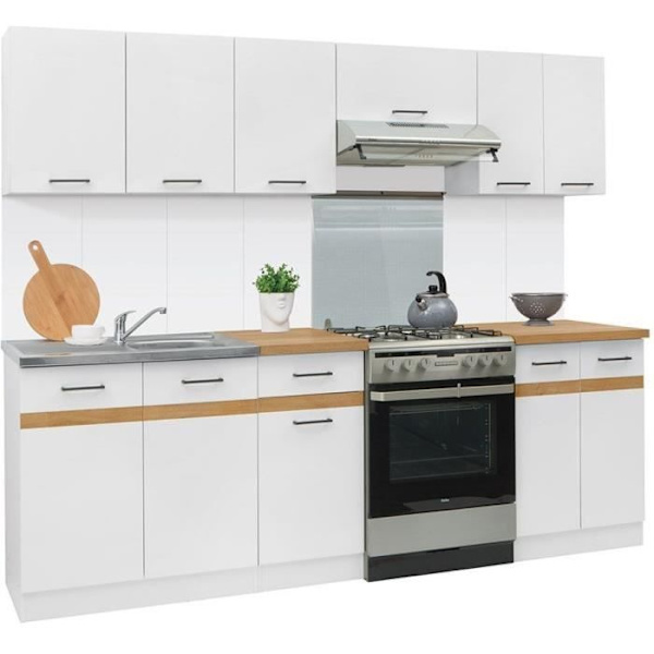 JUNONA Komplet køkken 240cm - 7 elementer - Bordplade medfølger - Blank hvid Vit, Blankvit, Golden Craftsman Oak