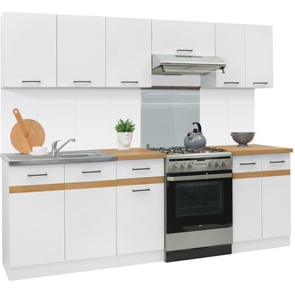 JUNONA Komplett kök 240cm - 7 element - Bänkskiva ingår - Blank vit Vit, Blankvit, Golden Craftsman Oak