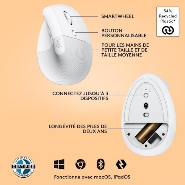 Muse - Trådløs - Logitech - Høj Ergonomisk Vertikal - Hvid - Højrehåndet