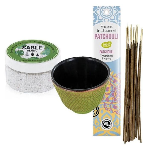 Grøn støbejerns kop røgelsesholder + hvidt sand + indisk Patchouli røgelse Grön