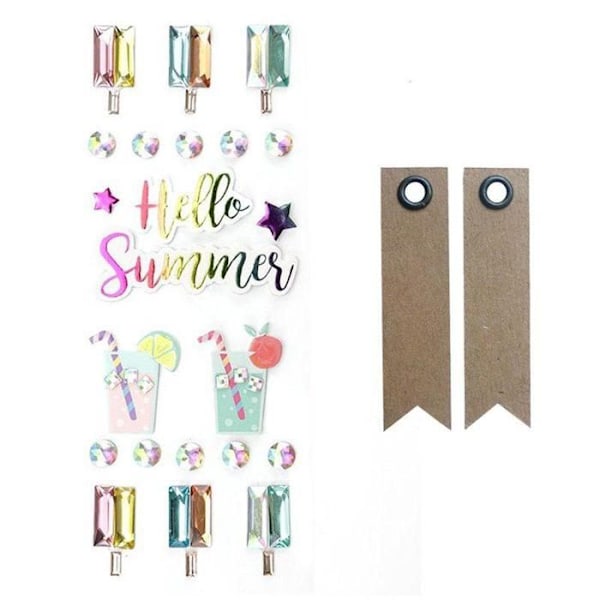 22 3D Hello Summer -tarraa + 20 viirikraftetikettiä Flerfärgad