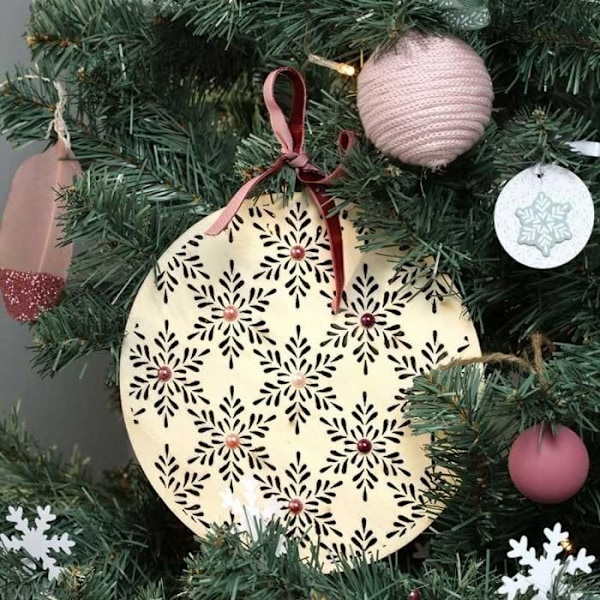2 pyöreää puista medaljonkia Ø 10 cm ja 21 cm - Lumihiutaleet Beige