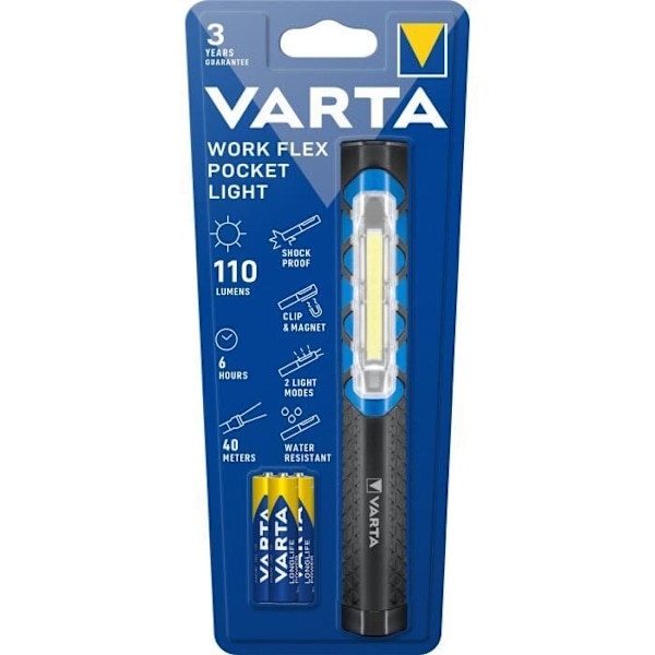 Taskulamppu-VARTA-Work Flex-taskuvalo-110lm-kompakti-Tehokas LED-IPX4-magneetti-taskuklipsi-3 AAA-paristoa mukana blå