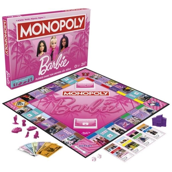 Monopol: Barbie-utgåva, brädspel för 2 till 6 spelare, spel för familjen, från 8 år Rosa