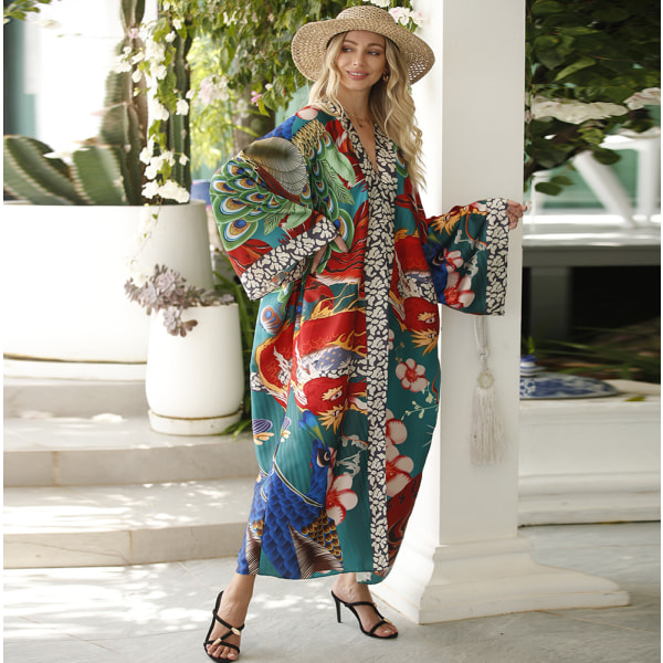 Dragon and phoenix strandblus kimono cardigan resortrock Dragon and phoenix flower One size fits all