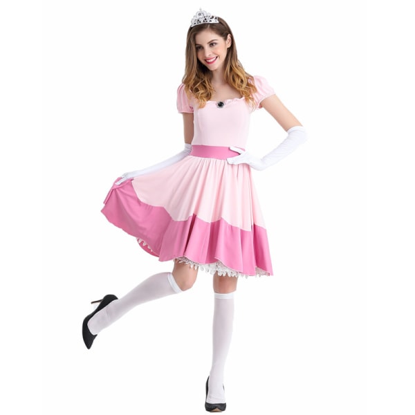 Princess Peach Costume Halloween Cosplay Klänning för kvinnor med strumpor Rosa S pink S
