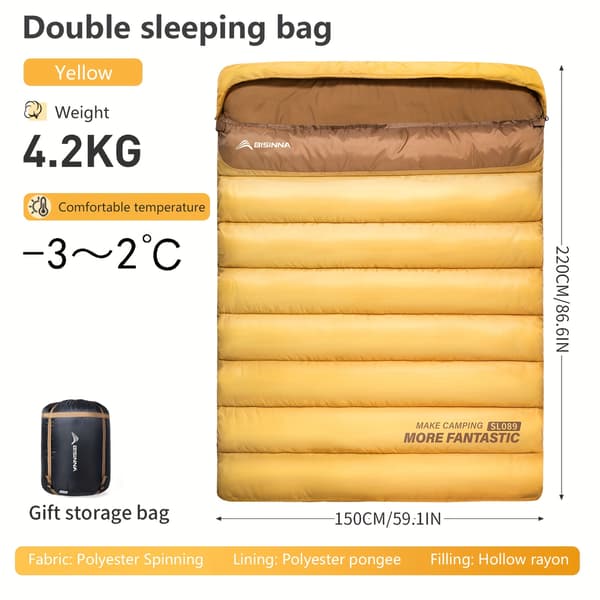 Dubbel sovsäck för camping vandring resor 2 personer rektangulär 4.2KG Yellow