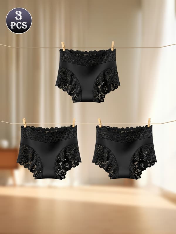 3-pack Enfärgade Högmidjade Trosor med Spetsdetaljer för Kvinnor M Black