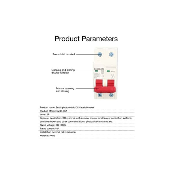 2P 1000V 40A Miniature DC-afbryder til solcelleanlæg DIN-skinne monteret isolator kompatibel med DZ47-63Z C40-FO-