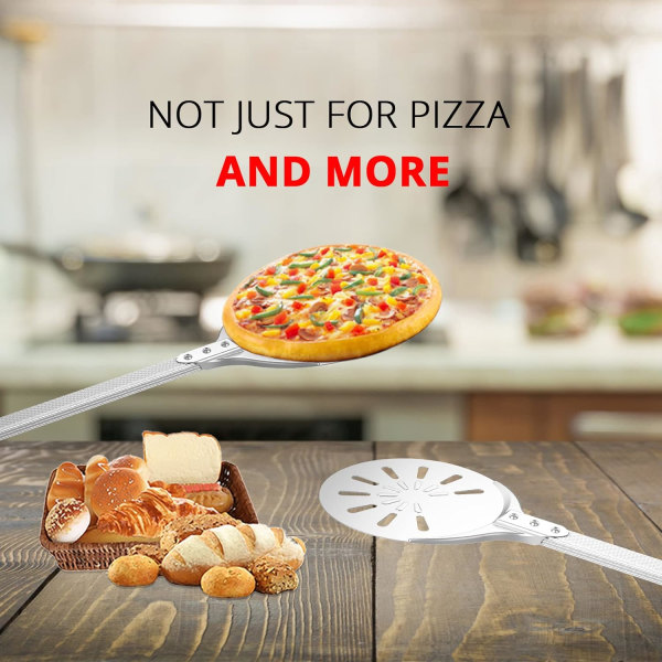 Pizzaspade, rund pizzavender, hårdanodiseret aluminium perforeret pizzaspade med lange håndtag, pizzaværktøj til ovn