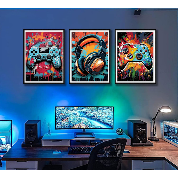 3 stk. Kult Gaming Veggkunst Retro Videospill Akvarell Posters Bilder Fargerike Neon Gamepad Lerret Trykk 12x16in Uinnrammet